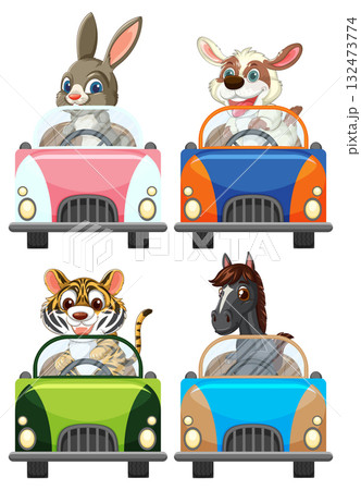 Cartoon Animals Driving Colorful Cars Front View Illustration 132473774