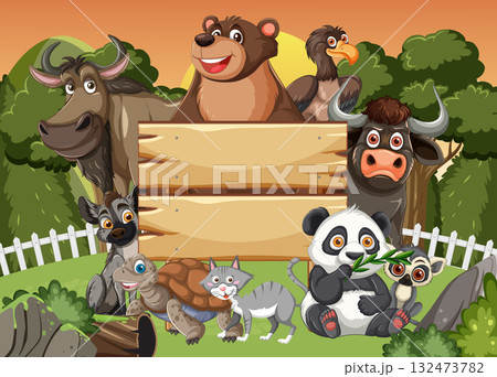 Group of Cartoon Animals Around Wooden Sign at Sunset 132473782