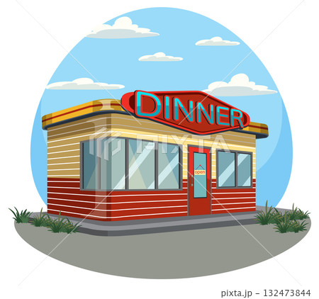 Retro American Diner Exterior with Neon Sign 132473844