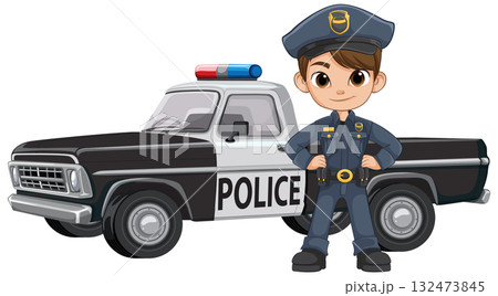 Cartoon Police Officer Standing by Patrol Truck Cartoon Police Officer Standing by Patrol Truck 132473845