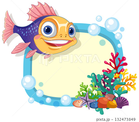 Smiling Cartoon Fish with Coral Reef Frame and Bubbles 132473849