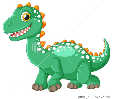 Smiling Cartoon Dinosaur with Spotted Green Body 132473860