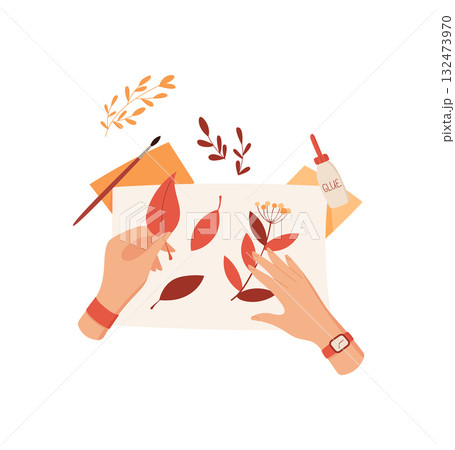 Hands of kids engage in craft collage using glue and colorful leaves. Creative DIY project illustration in flat cartoon graphic style. Ideal for school projects or art workshops. Hands of kids engage in craft collage using glue and colorful leaves. Creative DIY project illustration in flat cartoon graphic style. Ideal for school projects or art workshops. 132473970