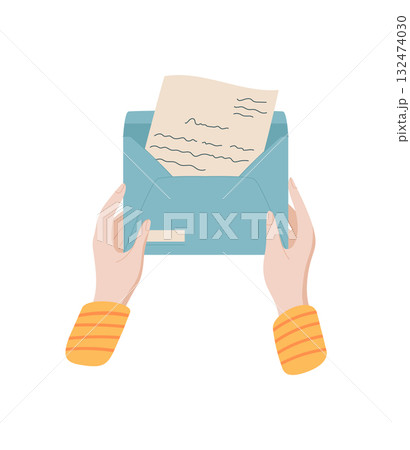 Woman hold envelope with letter and message on paper. cartoon graphic style illustration of mail and correspondence, flat design with creative elements. Ideal for communication themes stationery 132474030