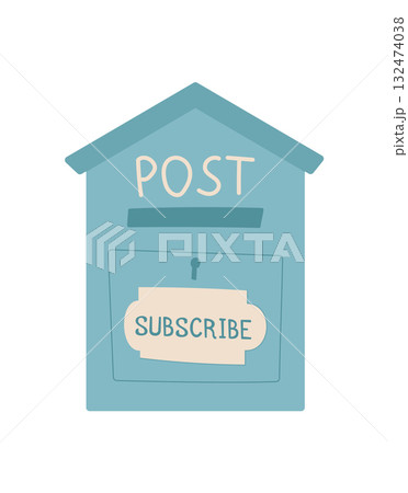 Flat cartoon mailbox or postbox with subscribe label and note for messages. Concept of mail delivery, message, and communication, creative style, suitable for digital or print media. Flat cartoon mailbox or postbox with subscribe label and note for messages. Concept of mail delivery, message, and communication, creative style, suitable for digital or print media. 132474038
