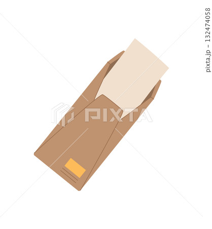 Flat envelope for mail with message card and note in vintage style. Creative stationery item for correspondence and delivery. Ideal invitations, greeting cards, handmade projects. 132474058