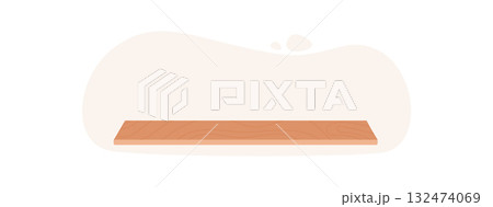 Simple flat wooden shelf against a clean background. Modern design for cosmetic and spa products. Ideal for showcasing beauty and skincare items in an eco context. 132474069