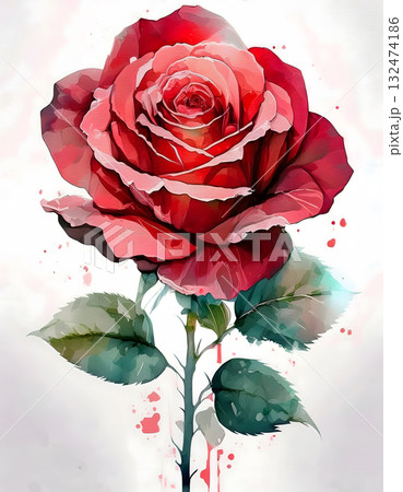 Single Red Rose Blossom in Watercolor Style 132474186