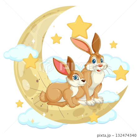 Two Cartoon Rabbits Sitting on Crescent Moon with Stars 132474340