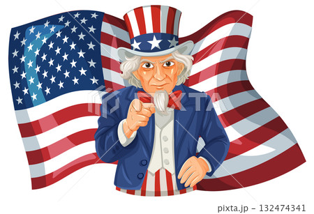 Patriotic Uncle Sam with American Flag Illustration Patriotic Uncle Sam with American Flag Illustration 132474341