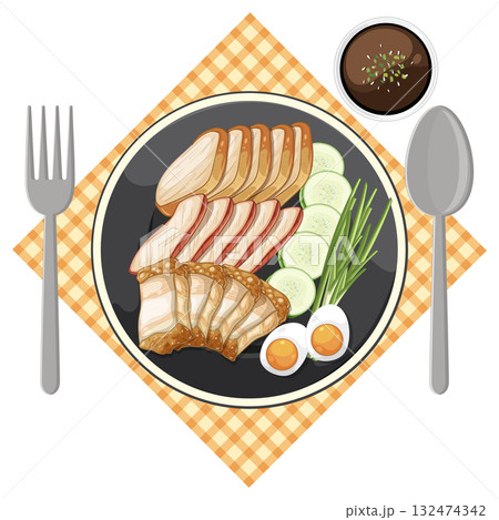 Asian Pork Belly Platter with Vegetables and Egg 132474342
