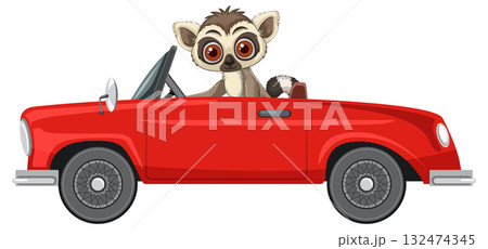 Lemur Driving Red Convertible Car Vector Illustration 132474345