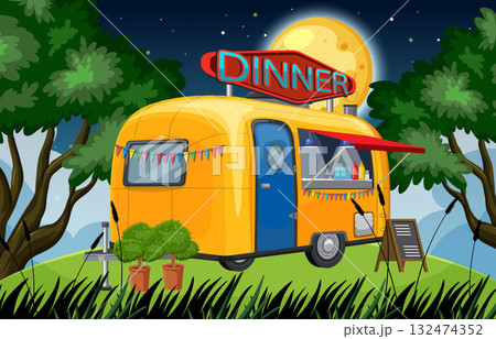 Retro Food Truck Serving Dinner Under Moonlit Sky 132474352