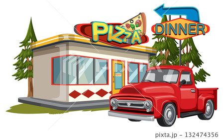 Red Pickup Truck Parked Outside Retro Pizza Diner 132474356