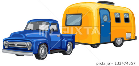 Vintage Truck with Retro Camper Illustration Vintage Truck with Retro Camper Illustration 132474357
