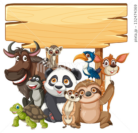 Cartoon Wild Animals Group with Blank Wooden Sign Cartoon Wild Animals Group with Blank Wooden Sign 132474369