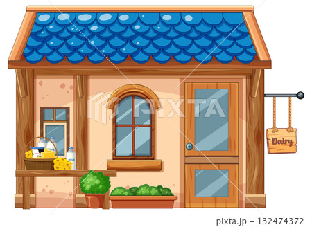 Small Dairy Shop with Blue Tiled Roof Illustration 132474372