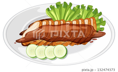 Sliced Roast Chicken Breast with Lettuce and Cucumber on Plate 132474373