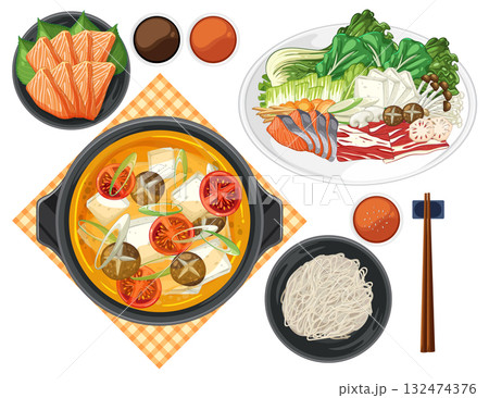 Japanese Hot Pot with Fresh Vegetables and Noodles Overhead 132474376