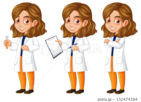 Female Scientist Character in Three Laboratory Poses Female Scientist Character in Three Laboratory Poses 132474384