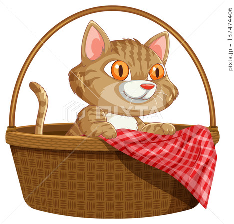 Tabby Cat Sitting in Wicker Basket with Red Cloth 132474406