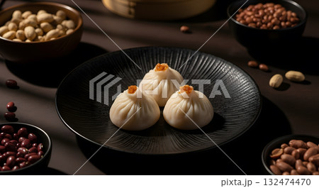 Three delicate Chinese soup dumplings on a dark plate Three delicate Chinese soup dumplings on a dark plate 132474470