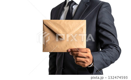 ビジネスマンの手が持つクラフト封筒|背景なし・透過PNG・コピースペース ビジネスマンの手が持つクラフト封筒|背景なし・透過PNG・コピースペース 132474593