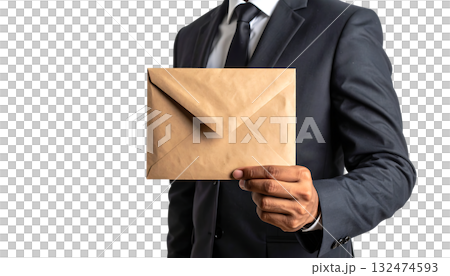 ビジネスマンの手が持つクラフト封筒|背景なし・透過PNG・コピースペース ビジネスマンの手が持つクラフト封筒|背景なし・透過PNG・コピースペース 132474593