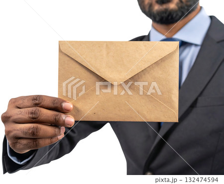 ビジネスマンの手が持つクラフト封筒｜背景なし・透過PNG・コピースペース 132474594