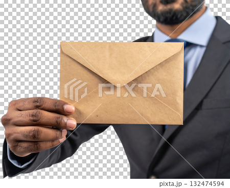 ビジネスマンの手が持つクラフト封筒｜背景なし・透過PNG・コピースペース 132474594