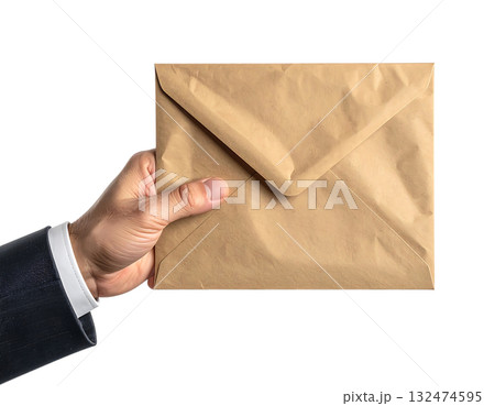 ビジネスマンの手が持つクラフト封筒|背景なし・透過PNG・コピースペース ビジネスマンの手が持つクラフト封筒|背景なし・透過PNG・コピースペース 132474595
