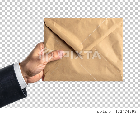 ビジネスマンの手が持つクラフト封筒|背景なし・透過PNG・コピースペース ビジネスマンの手が持つクラフト封筒|背景なし・透過PNG・コピースペース 132474595