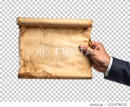 白紙の羊皮紙を持つビジネスマンの手｜背景なし・透過PNG・コピースペース 132474618