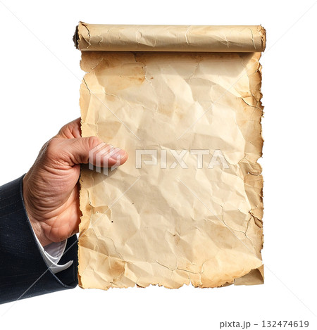白紙の羊皮紙を持つビジネスマンの手|背景なし・透過PNG・コピースペース 白紙の羊皮紙を持つビジネスマンの手|背景なし・透過PNG・コピースペース 132474619