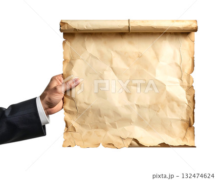 白紙の羊皮紙を持つビジネスマンの手|背景なし・透過PNG・コピースペース 白紙の羊皮紙を持つビジネスマンの手|背景なし・透過PNG・コピースペース 132474624