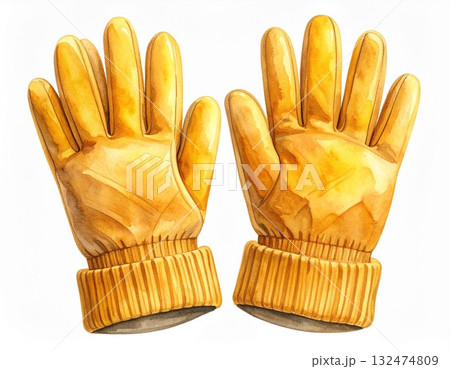 【水彩イラスト】厚手の手袋、ウィンタースポーツの防寒具、冬用スキーグローブ 132474809