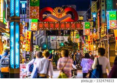 日本の東京都市景観インバウンド…夜でも賑わう巣鴨地蔵通商店街（巣鴨地蔵通り商店街）などを望む 132474813