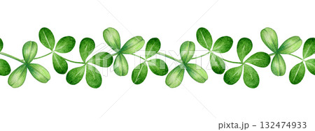 Green clover leaf seamless border hand drawn illustration. Green clover leaves floral decor element isolated on white background 132474933