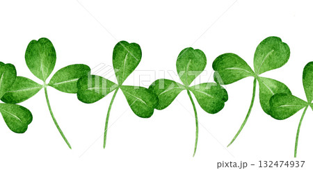 Green clover leaf seamless border decoration element. Hand drawn watercolor vintage style illustration. Clover green leaves floral decor isolated on white background Green clover leaf seamless border decoration element. Hand drawn watercolor vintage style illustration. Clover green leaves floral decor isolated on white background 132474937