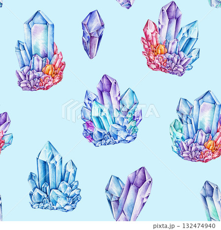 Crystal minerals seamless pattern decor element light blue background. Hand drawn watercolor illustration. Vibrant colorful multicolor gemstone decoration pattern for textile, print, packaging 132474940