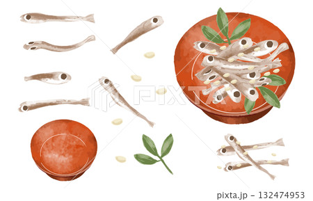 水彩の田作り ごまめ おせち料理 和食 魚 イラスト セット 132474953