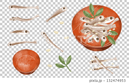 Watercolor tazukuri, sesame, osechi cuisine, Japanese food, fish illustration set 132474953