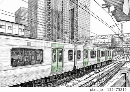 山手線　水彩画　ペン画　イラスト　ホームに停車する電車　(E235系) 132475213