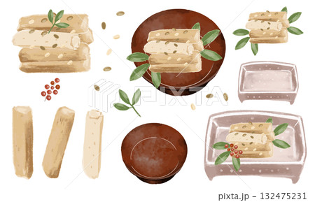水彩のたたきごぼう 和え物 おせち料理 和食 ごぼう イラスト セット 132475231
