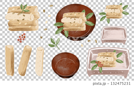 水彩のたたきごぼう 和え物 おせち料理 和食 ごぼう イラスト セット 132475231