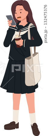 kawaii japanese student with tote bag checking phone and drinking bubble tea 132475376