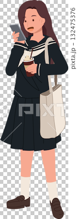 kawaii japanese student with tote bag checking phone and drinking bubble tea 132475376