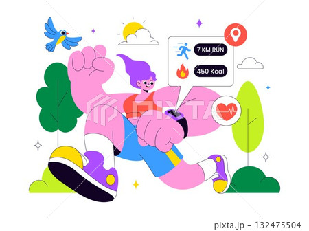 Smart Wearable Fitness Band Vector Illustration Featuring Smartwatch Tracker With Multimedia Apps For Lifestyle, Work, And Heart Rate Monitoring 132475504