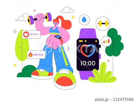 Smart Wearable Fitness Band Vector Illustration Featuring Smartwatch Tracker With Multimedia Apps For Lifestyle, Work, And Heart Rate Monitoring 132475506