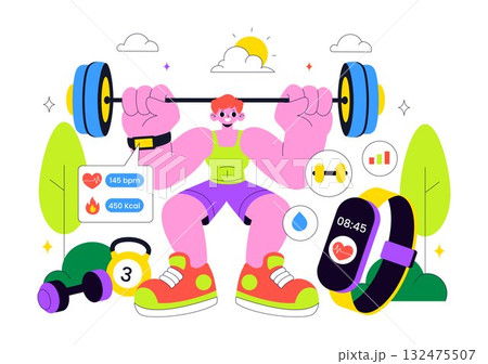Smart Wearable Fitness Band Vector Illustration Featuring Smartwatch Tracker With Multimedia Apps For Lifestyle, Work, And Heart Rate Monitoring 132475507